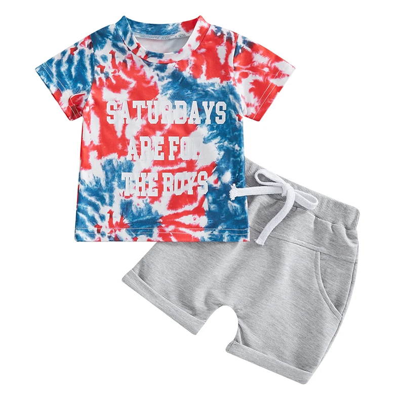 Kids Boys Pants Suit Casual Party Dye Letters Tops Drawstring Solid Color Short Trousers