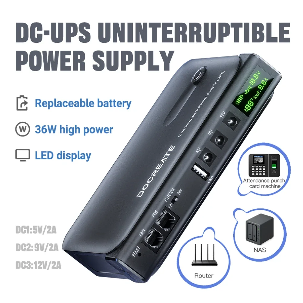 36W DC1036L UPS Uninterruptible Power Supply 5V-24V Output 18650 Replaceable Battery for Router NAS Modem & Network Equipment