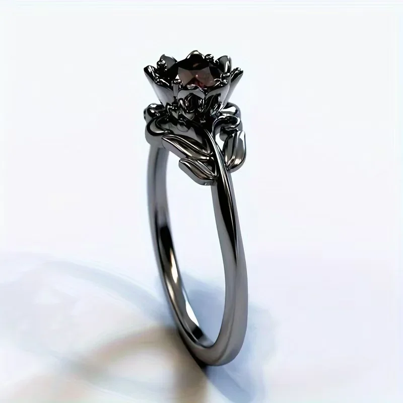 LATS Black Color Flower Red Stone Rings for Women Charm Jewelry Accessories Rose Ring Party Gift 3