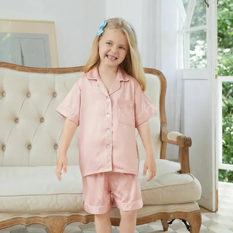 

Шелковые пижамы, Детский комплект, ночная рубашка для детей, пижамы с коротким рукавом, пижамы с шортами, атласная пижама с цветочным принтом для девочек, летняя Пижама