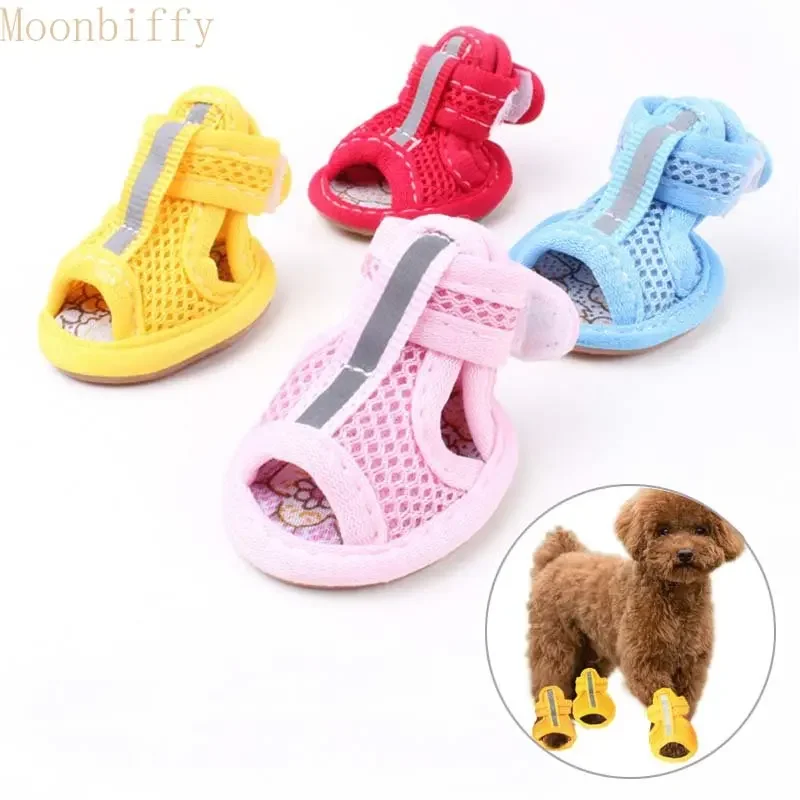 4pc/set Summer Non-slip Breathable Dog Shoes Sandals for Small Dogs Pet Dog Socks Sneakers for Dogs Puppy Blue Cat Shoes Boots