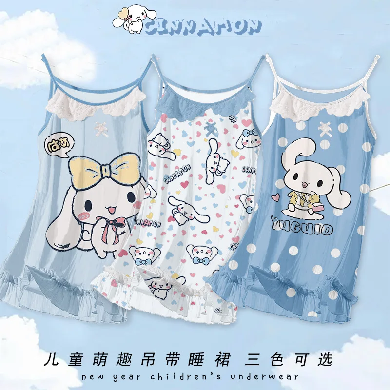 

Cartoon Sanrioed Anime Cinnamoroll Children's Nightdress Ins Kawaii Summer Thin Camisole Parent-Child Pajamas Set Holiday Gifts