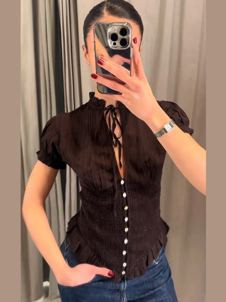 2026 Spring Summer Short Puff Sleeve Folds Shirts For Women Elegant Ruffles Single Breasted Shirt Lady Street Chic Cropped Tops 6