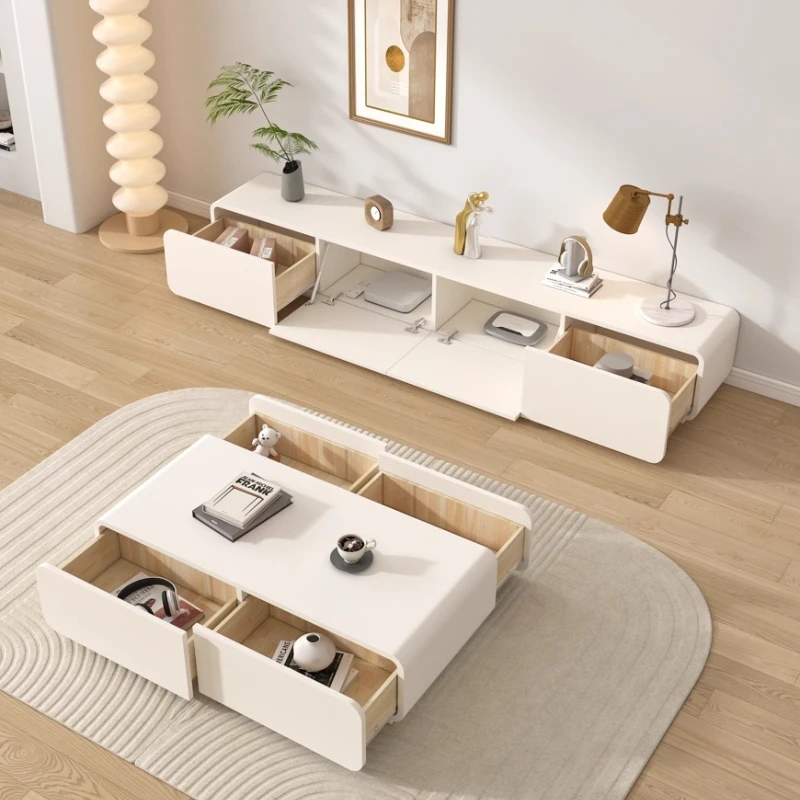 Solid Wood Cream Style TV Stand Coffee Table Modern Minimalist Small Space Lacquered Floor Standing Rounded Corners Customizable