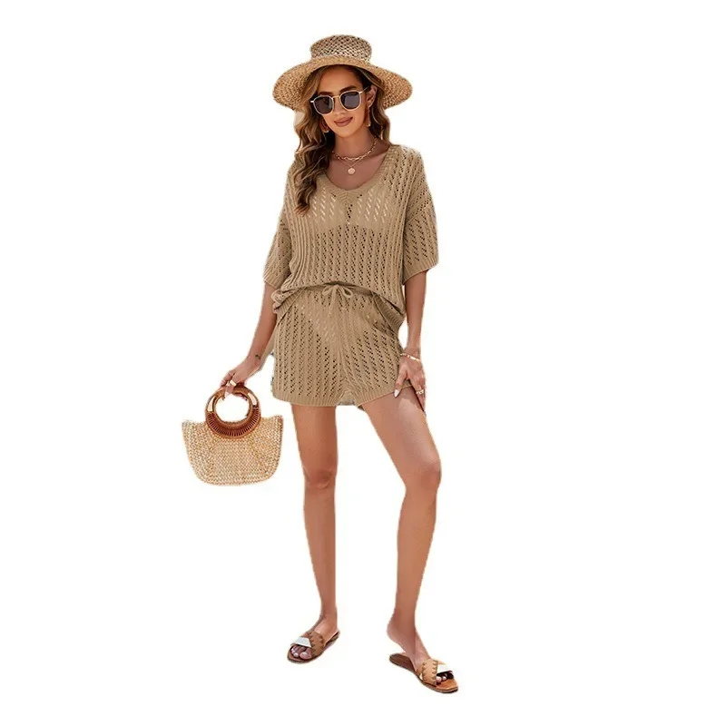 2024 Summer Hot Two Piece Solid Color Mesh Knitted Top High Waist Shorts Casual Women's Wear SFC25-3