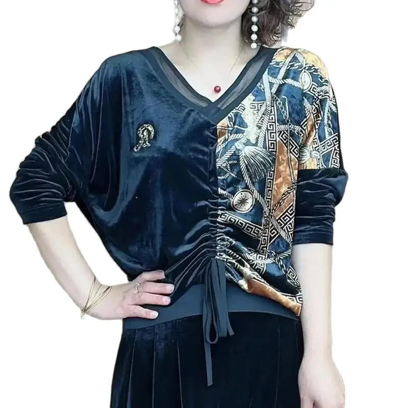 

Женская Вельветовая Футболка с принтом, Повседневная Свободная блузка золотого цвета с длинным рукавом и V-образным вырезом, весна 2024