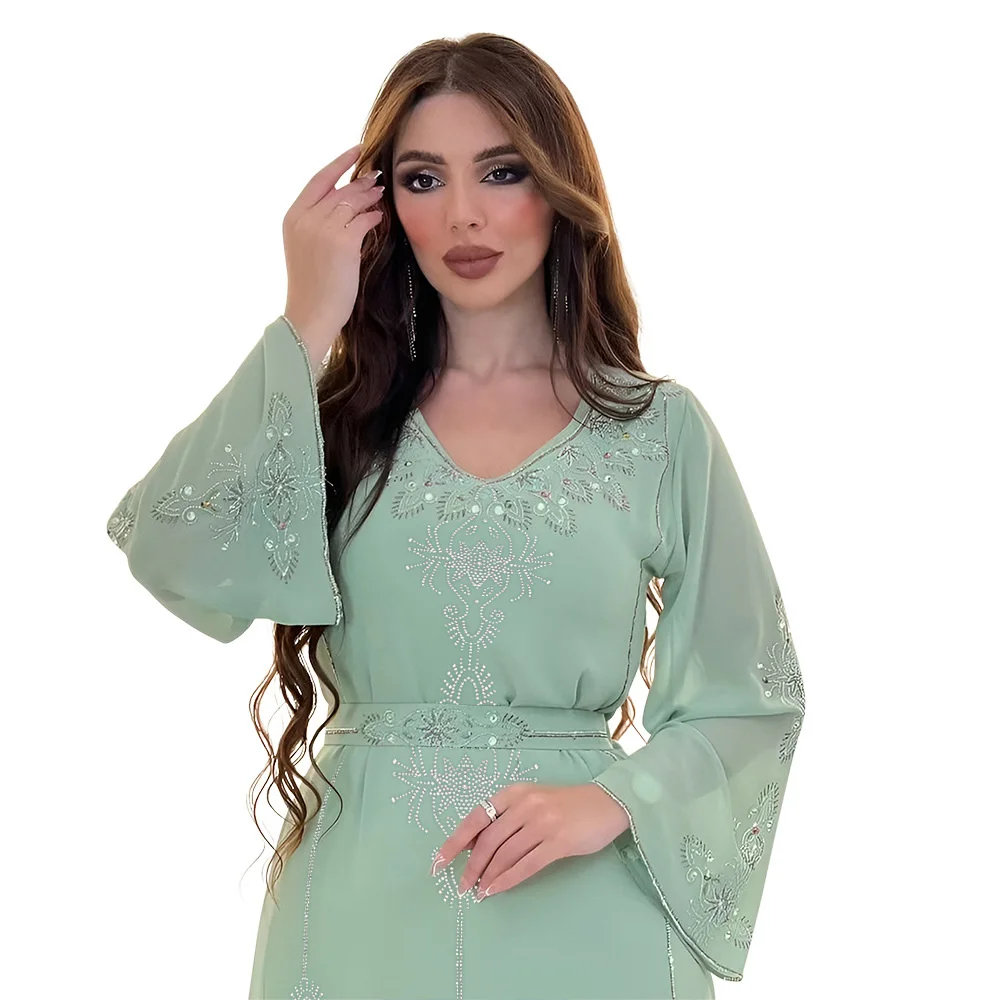 Muslim Dress for Prom Saudi Arabia Dubai Fashion Hot Diamond Dress Summer Robe Women's Wear V-neck Waist Slim Long Dress