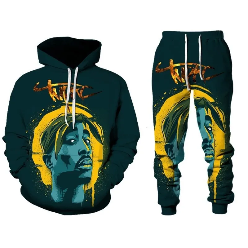 Rap Singer 2 PAC Tupac 3D Printed Hoodie Suit Men Sweatshirts Sweatpants Casual Fashion Two Piece Tracksuit Set Men's Clothing 2