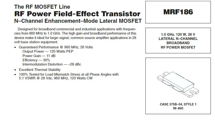 MRF186 1.0 GHz 120W 28V LATERAL N&ndash;CHANNEL BROADBAND RF POWER MOSFET 1PCS/LOT