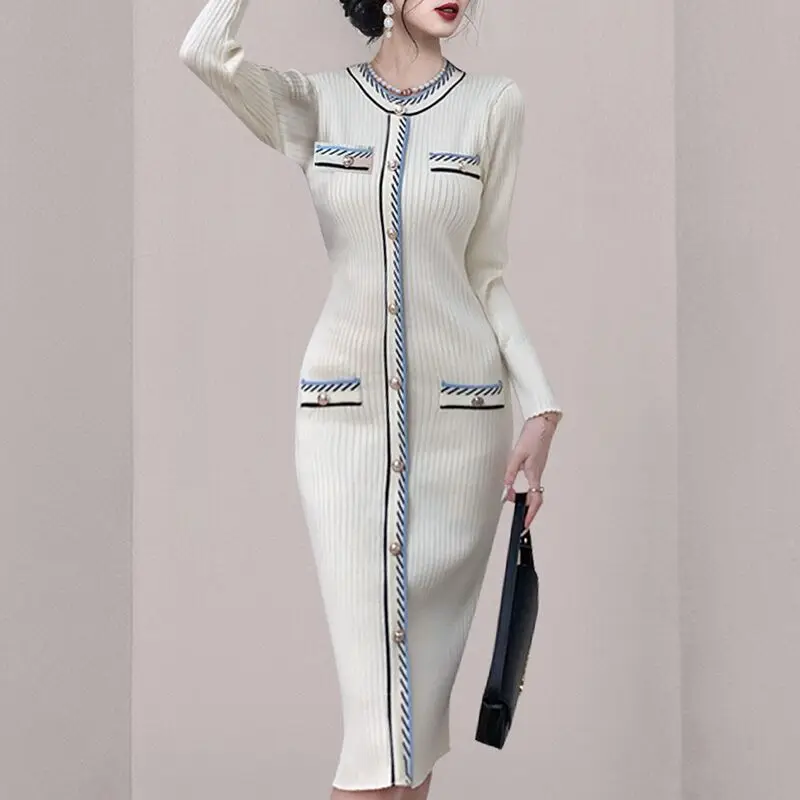 

Autumn Women Knitted Midi Contrasting Colors Dress O-Neck Buttons Sweater Dresses Lady Slim Bodycon Long Sleeve Maxi Vestidos