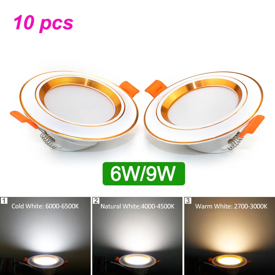 

10pcs Led Downlight 6W 9W 220V Ceiling Light Recessed Round Led Panel Light 3 Color Warm White Spotlight for Home Lighting