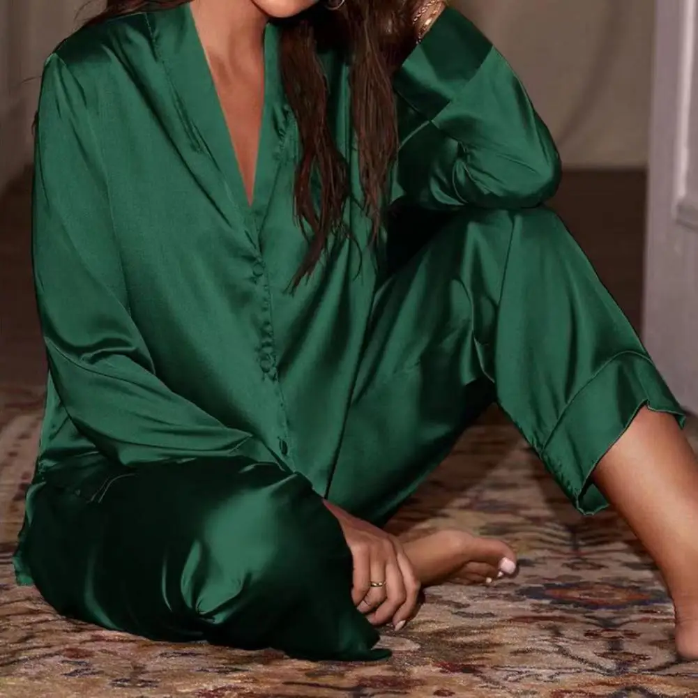 

Deep V-neck Top Trousers Two-piece Pajama Set Women's Spring Summer Pajama Set Silky V Neck Shirt Wide Leg Pants for Comfort