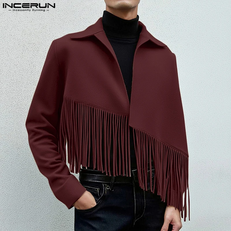 INCERUN Tops American Style Fashion Men's Diagonal Tassel Woolen Jackets Coat Casual Streetwear Male Solid Long Sleeved Jackets 2