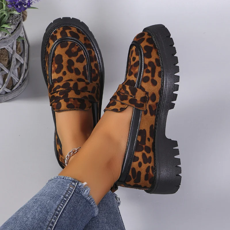 Women Chunky Heels leopard Loafers New Fashion British style Slip On Platform Shoes Woman Thick Bottom Shallow single shoe Pumps 6