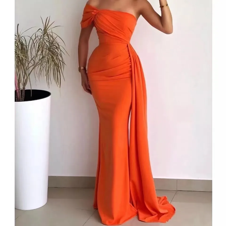 

2024 New Elegant Orange One Shoulder Mermaid Prom Dresses for Women Ruched Party Gowns Draped Ribbon Evening Dress