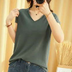 Women's T-shirt Summer New 100% Pure Cotton Tees Casual Solid Knitted Short sleeved V-neck Pullover Loose Tops Fashion Sweater