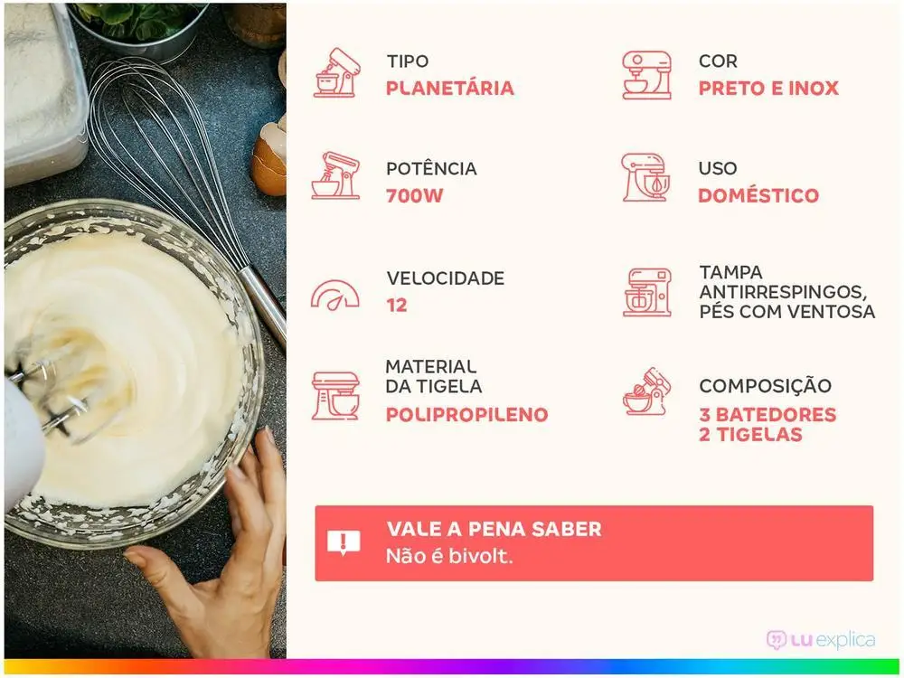 Batedeira Planetária Mondial Preto e Inox 700W - 220V 2