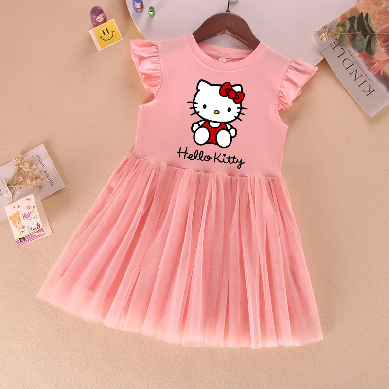 

Kawaii Sanrio Hello Kitty Children Dresses New Summer Cute Cotton Fly Sleeve Princess Dress Girl Mesh Short-Sleeved Dresses Gift
