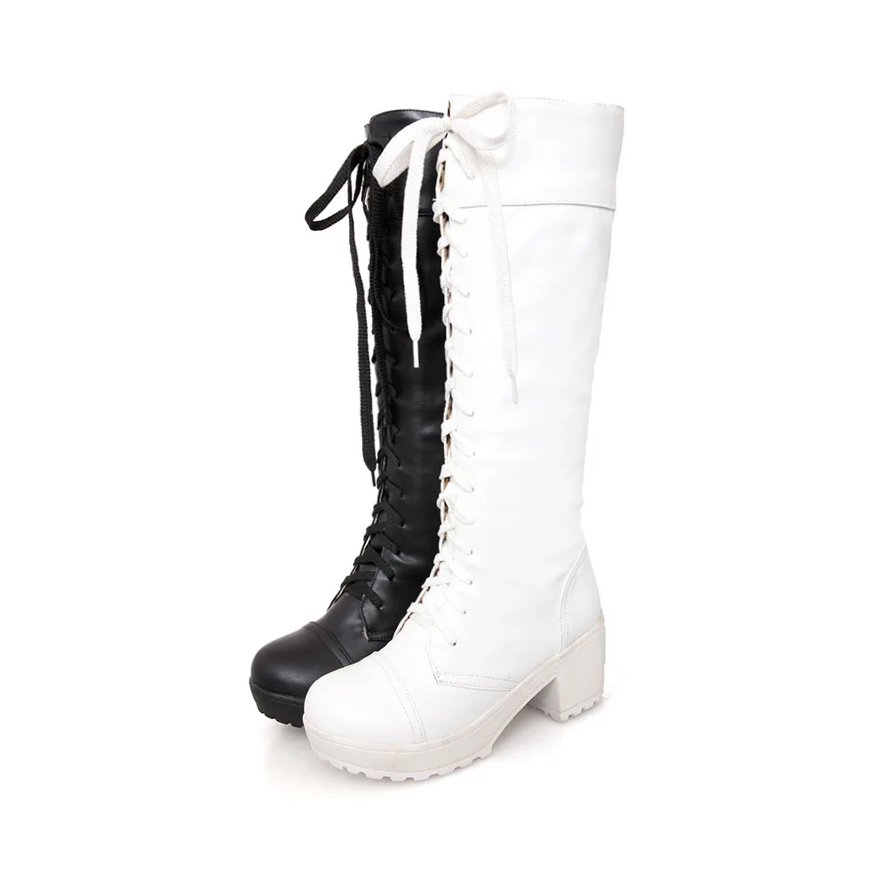 Fashion Winter Over The Knee Women Boots Genuine Leather High Heel Slip On Shoes round head Woman Long Boots Size Plus Size