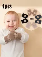 4 paires de mitaines en demi-velours pour bébés garçons de 0 à 12 mois, motif ours mignon, gants en peluche épais kaki, mitaines chaudes anti-rayures à doigts entiers 2
