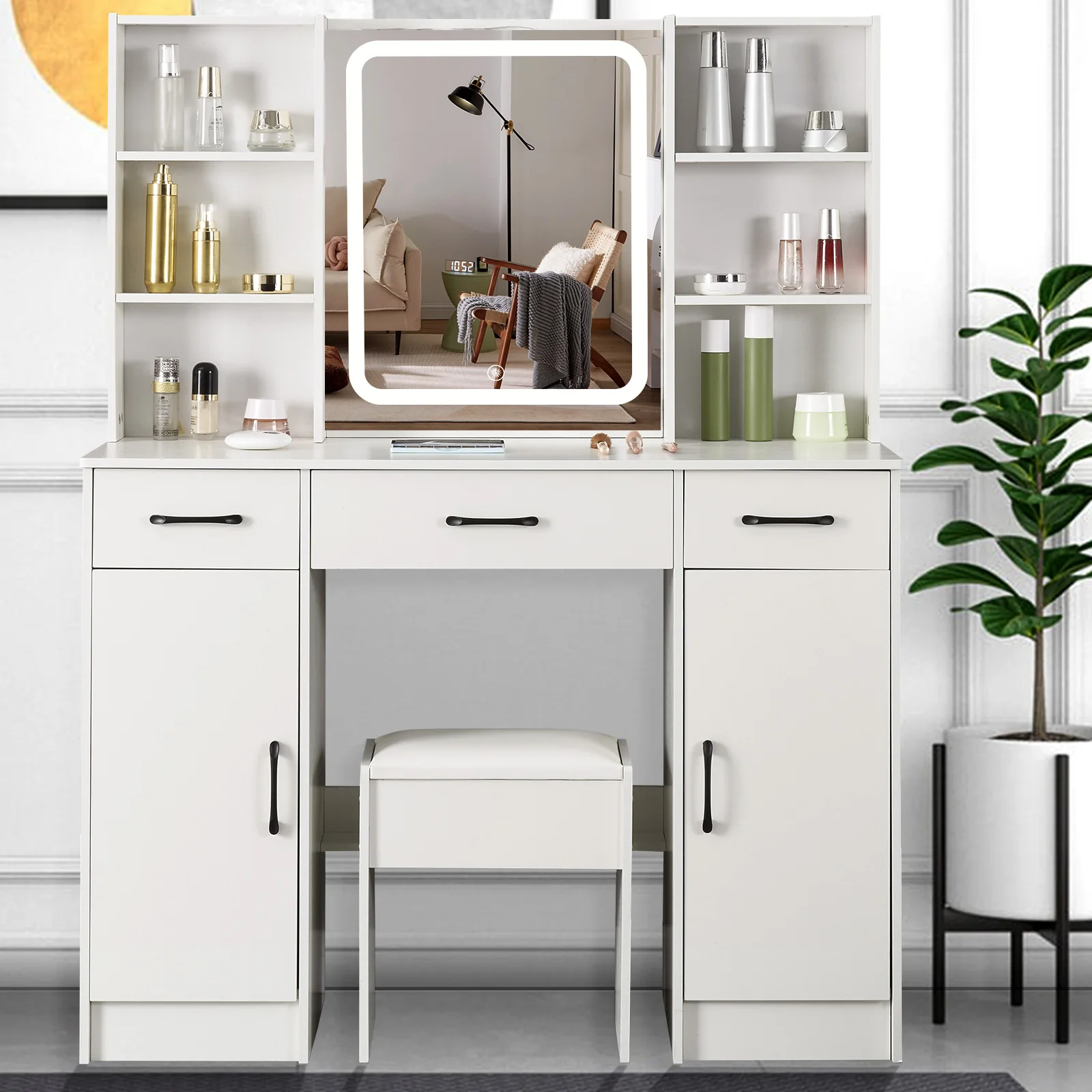 Large Vanity Desk Makeup Dressing Table Set With LED Lighted Mirror 3 Drawers