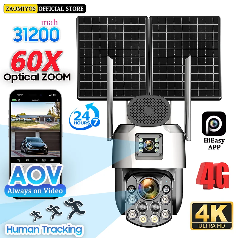 60X Optical Zoom 4K Dual Screen Solar Camera Outdoor 4G SIM/eSIM 31200 Mah 7/24 Hours Human Auto Tracking 360 PTZ Security Cam 1