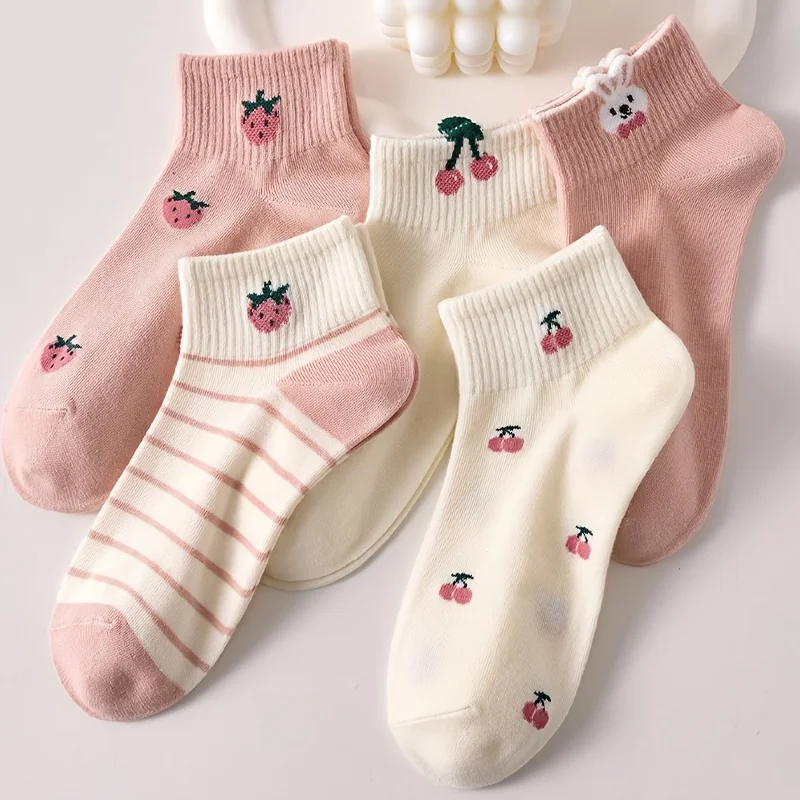 Charming Women's Socks Double Pack - Cute Cherry, Strawberry & Rabbit Designs, Comfortable & Breathable