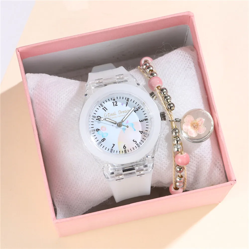 Children Watches Glow at Night Quartz CLOCK Silicone Band Cute Girls Primary School Wristwatch With Bracelet 2
