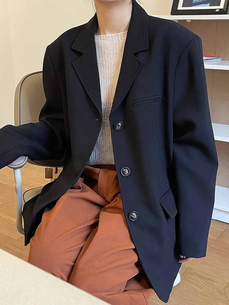 [LANMREM] Solid Loose Blazer For Women Notched Single Breasted Long Sleeve Office Lady Jackets Fashion 2024 Spring New 26D942