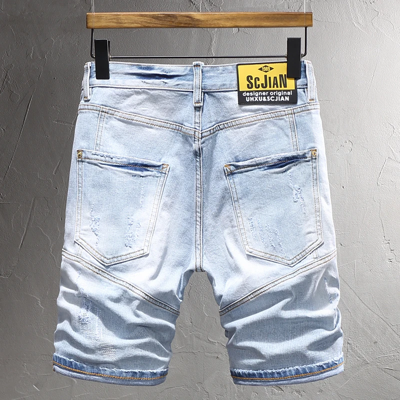 Summer Fashion Men Jeans Retro Light Blue Plain Washed Elastic Ripped Short Jeans Spliced Designer Vintage Denim Shorts Men