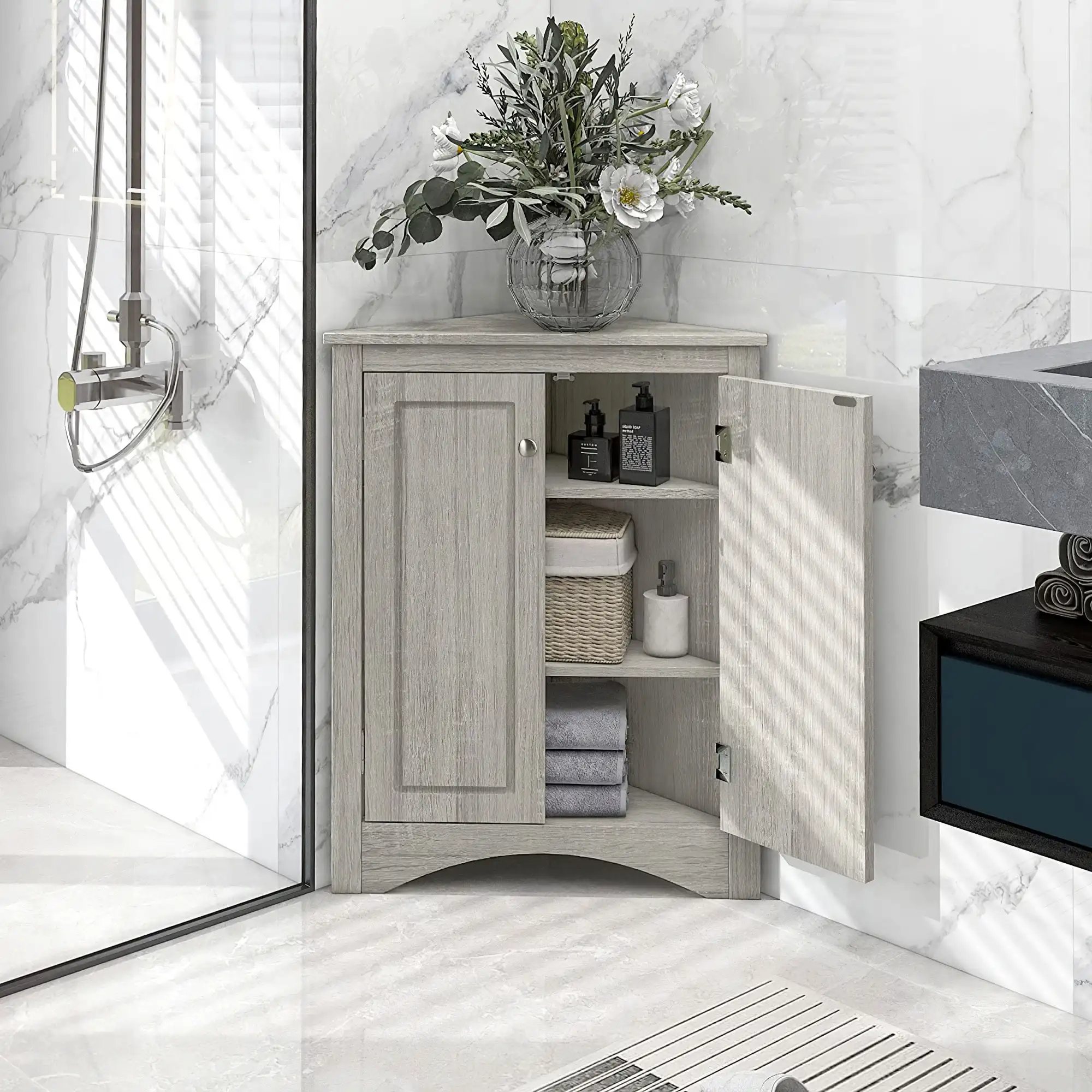 Armario esquinero con estantes ajustables y dos puertas, gabinete de  almacenamiento triangular para baño, cocina, sala de estar (blanco)