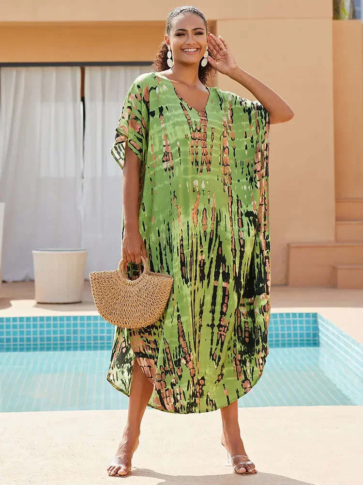 Bohemian Striped Print Women Beach Dress Bathing Suit Cover Up Summer Tunic For Woman Beachwear Robe de plage Kaftan Q1218