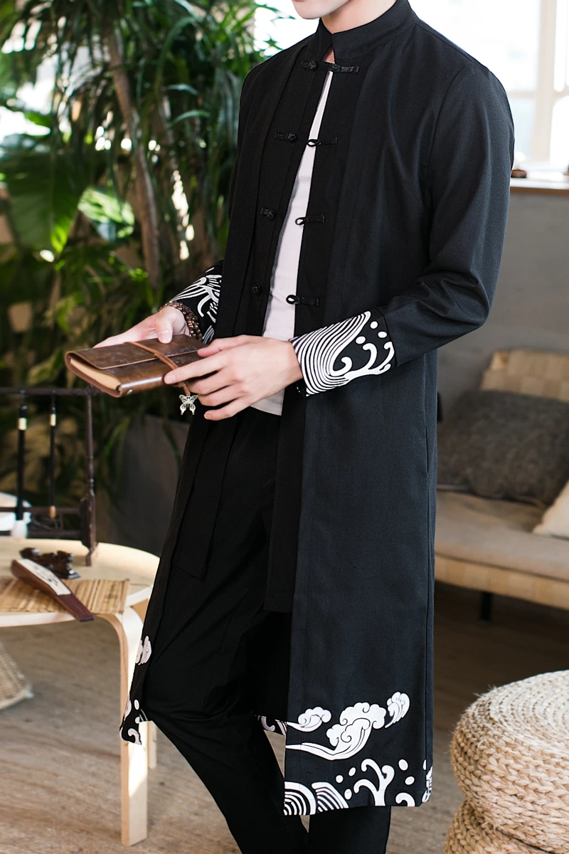Trench Coat Men Fake two Pieces Cardigan Kimono Embroidered Long Chinese Style Black Loose Vintage Cotton Linen Jacket