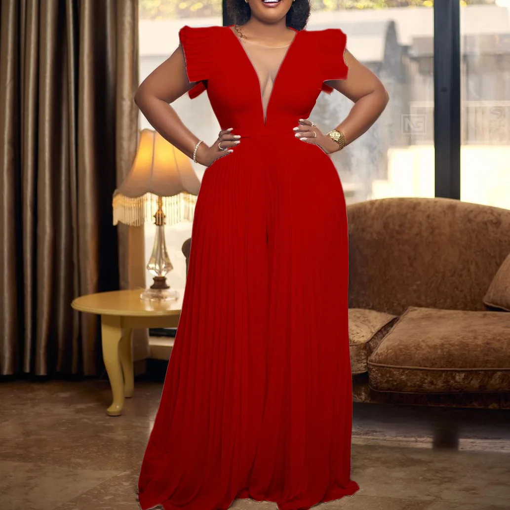 Plus Size Women Jumpsuit Mesh V Neck One Piece Outfits 2023 Summer Elegant Jumpsuit Luxury Fashion Cloth Female Designer Pants