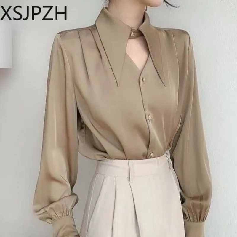 

Elegant Temperament V Neck Hollow Out Satin Face Chic Shirt Women Design Sense Niche OL Hongkong Style Pointed Collar Blouse Top