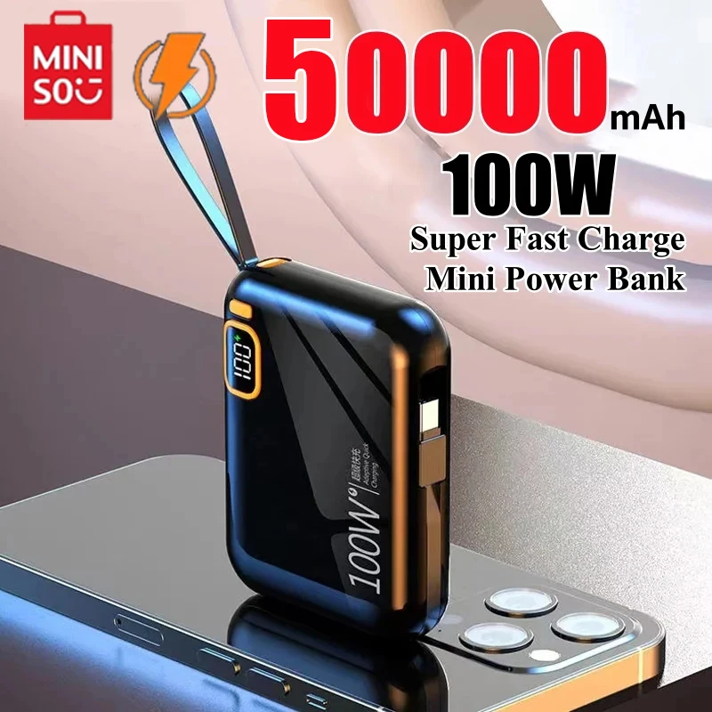 

Портативный внешний аккумулятор Miniso, 50000 мАч, PD100W, USB-кабель TYPE-C, быстрое двухстороннее зарядное устройство, мини внешний аккумулятор для iPhone, Samsung, Huawei