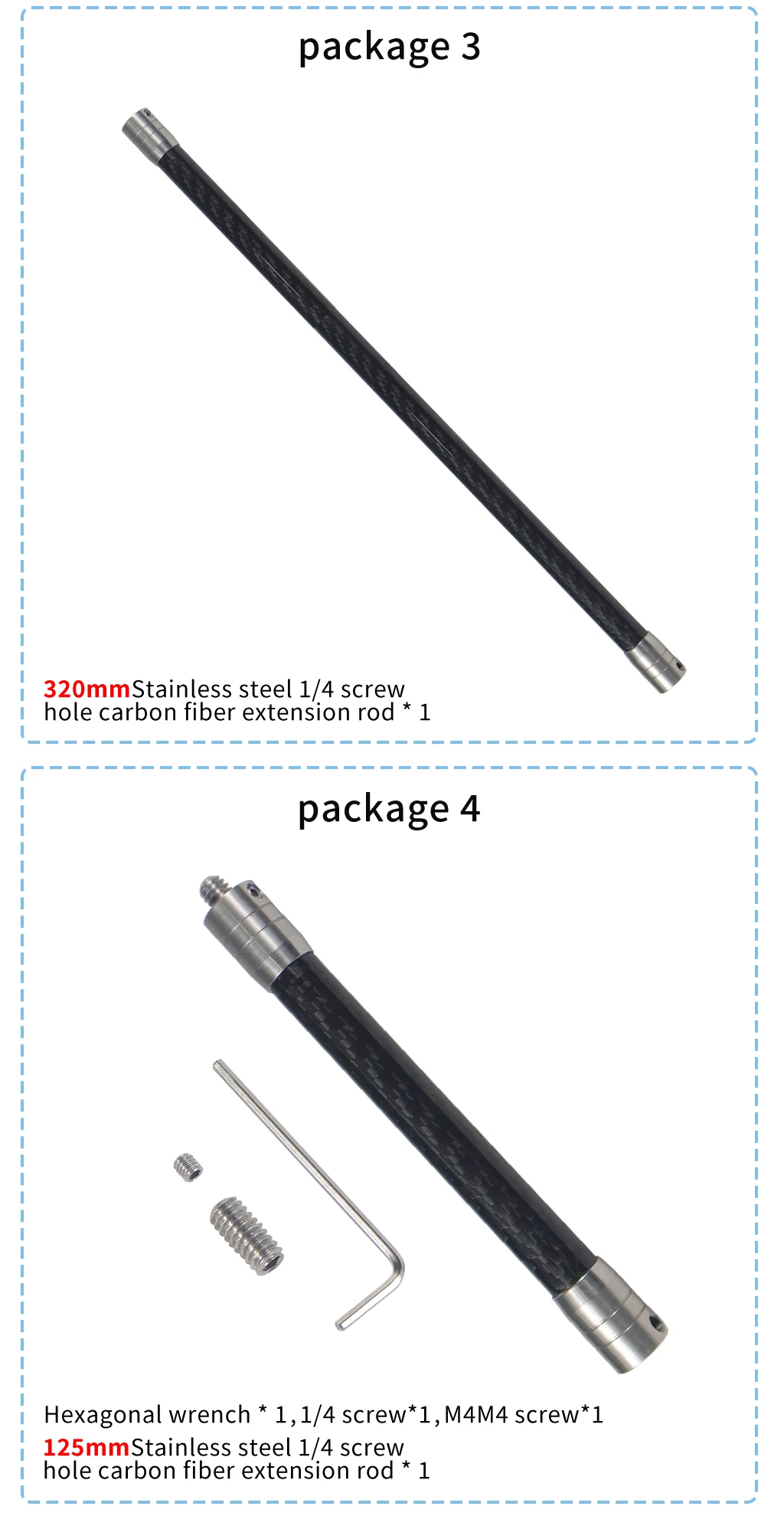 Carbon Fiber Extend Pole 1/4 Selfie Stick 12mm Invisible Rod for Gopro DJI OSMO
