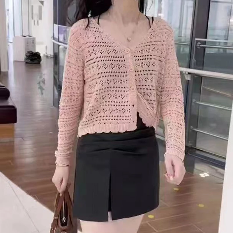 여성용 자외선 차단 의류, 심플한 캐쥬얼, 할로우 아웃, 얇은 니트 재킷, V넥, 긴팔, 단색, 슬림 탑, 2024 여름