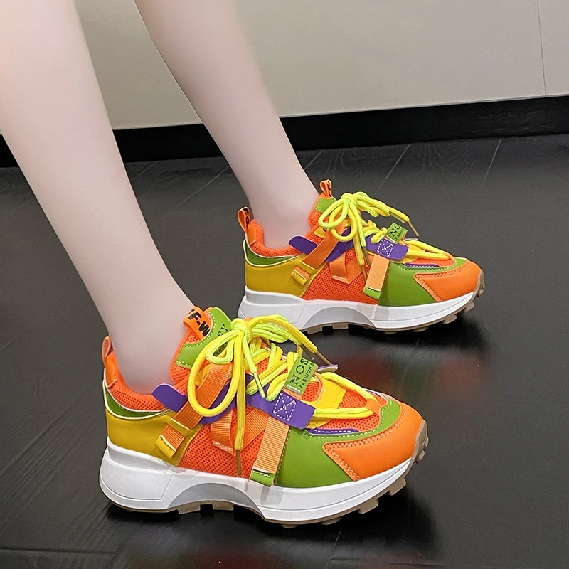 Women's Sport Shoes 2023 New Platform Design Thick Bottom Breathable Jogging Shoes Rainbow Contrast Color Casual Female Sneakers