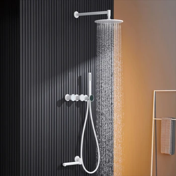 ระบบฝักบัวอาบน้ำทองเหลืองฝังตัวสีขาวสุดหรูดีไซน์เรียบง่ายติดผนัง2ด้ามน้ำร้อนและน้ำเย็น3ฟังก์ชั่นก๊อกน้ำในห้องน้ำ 2