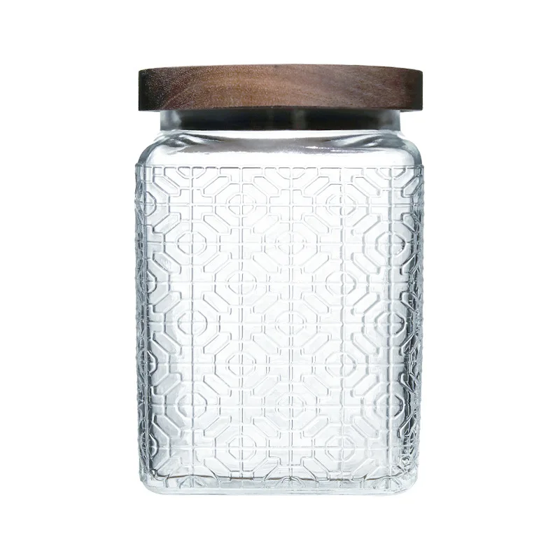 Vintage Square Embossed Glass Jar Acacia Wood Lid Sealed Jar Cylindrical Kitchen Storage Bottle Sugar Food Storage Container New 5
