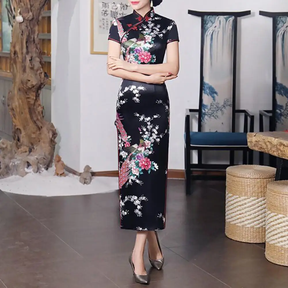 

Women Dress Chinese National Style Floral Print Stand Collar Short Sleeves High Side Split Chinese Knot Buttons Cheongsam Satin