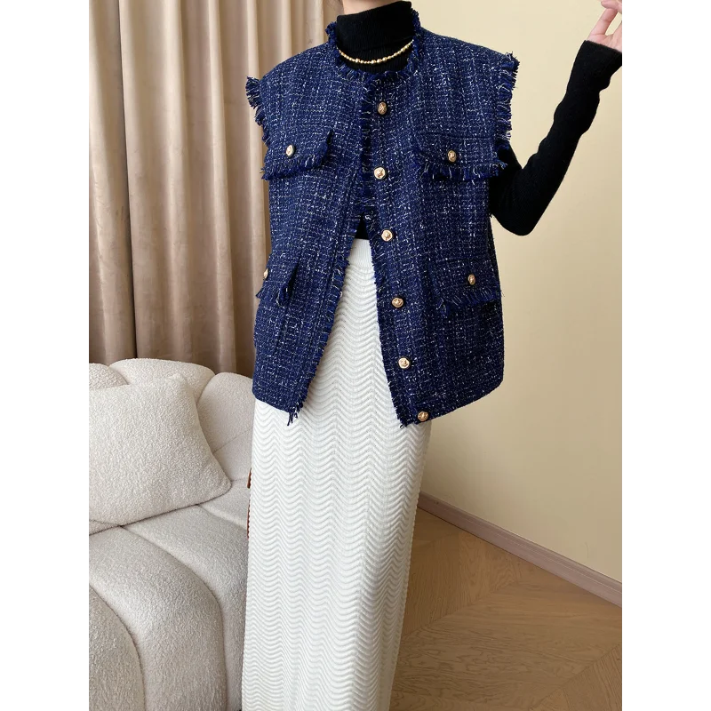 Autumn Casual Loose Stacked Fashion Sleeveless Coat Women Blue Small Fragrance Korea Chic Tassels Basic Tweed Vest Coat 1759