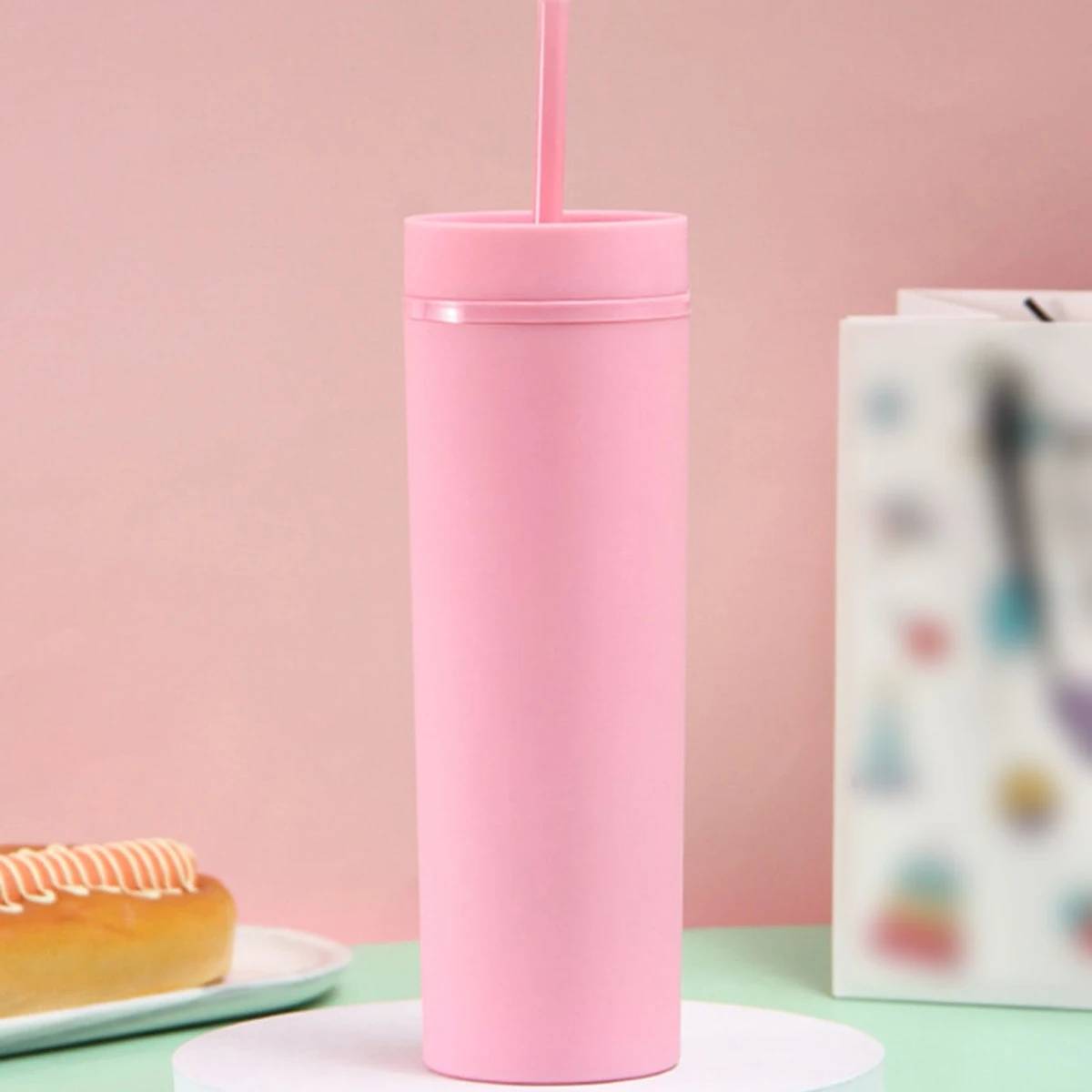1pc-Double layered plastic cup with high aesthetic value and large capacity, straight tube cold drink, portable cup, straw cup