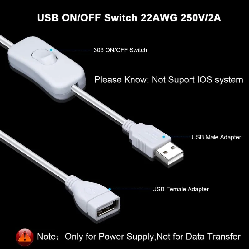 2pcs Male to Female USB Cable with On/Off Switch, USB Extension Inline Rocker Switch for LED Desk Lamp, LED Strip, Light Switch