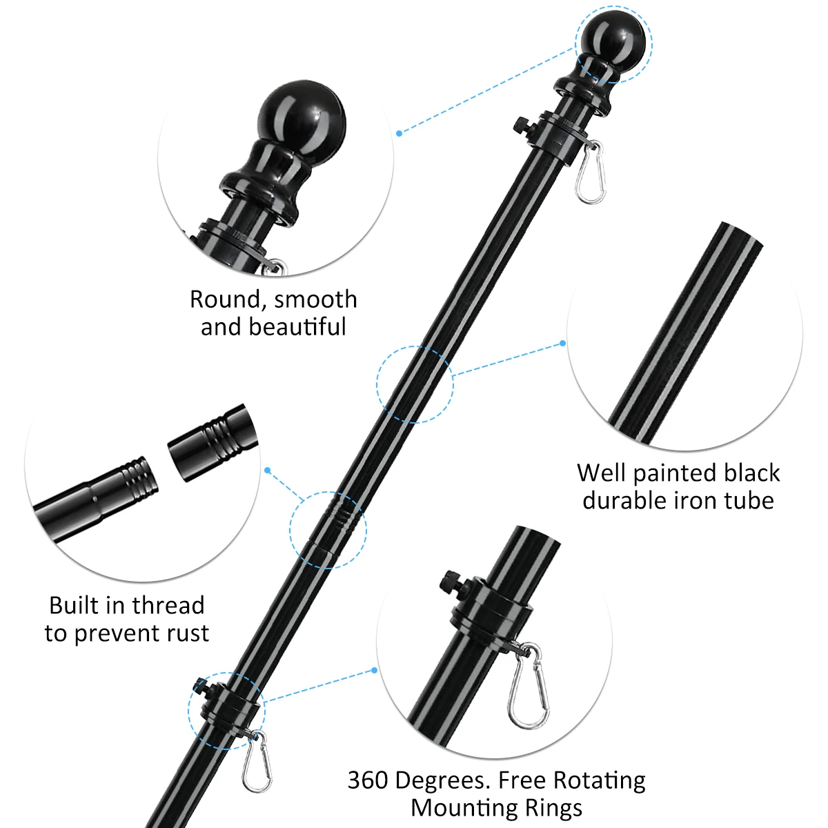 Asta Telescopica Da 1,8 M In Acciaio Inox Per Bandiere – Kit Con 5 Aste, 2 Anelli 360°, Sfera E Moschettoni – Per Balcone, Giardino E Eventi Sportivi