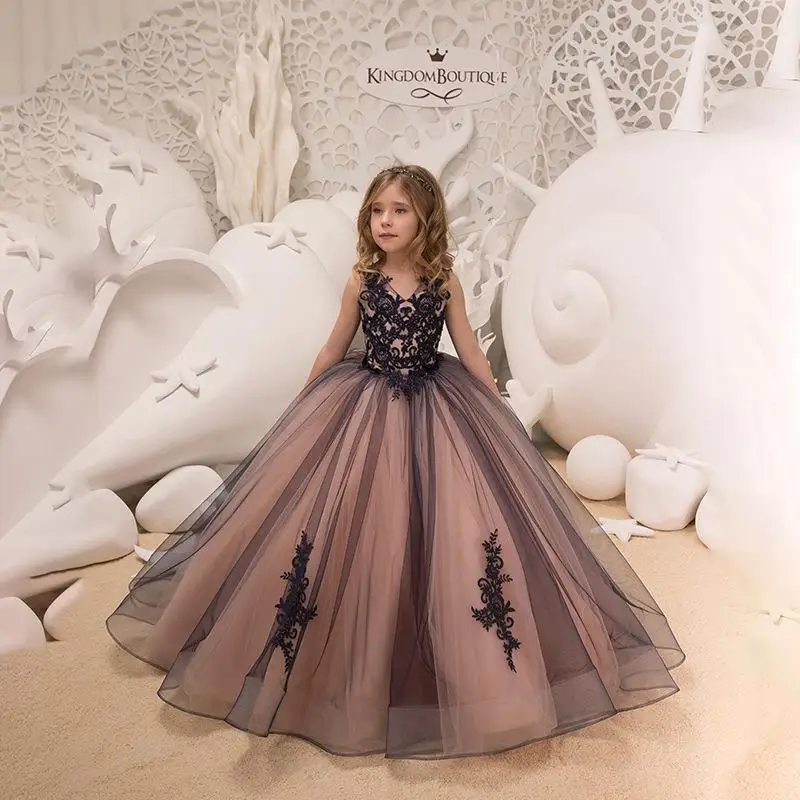 

Victorian Gothic Wedding Black Lace Tulle Flower Girl Dress Princess for Kids Birthday Catwalk Special Occasion Bridesmaid Party