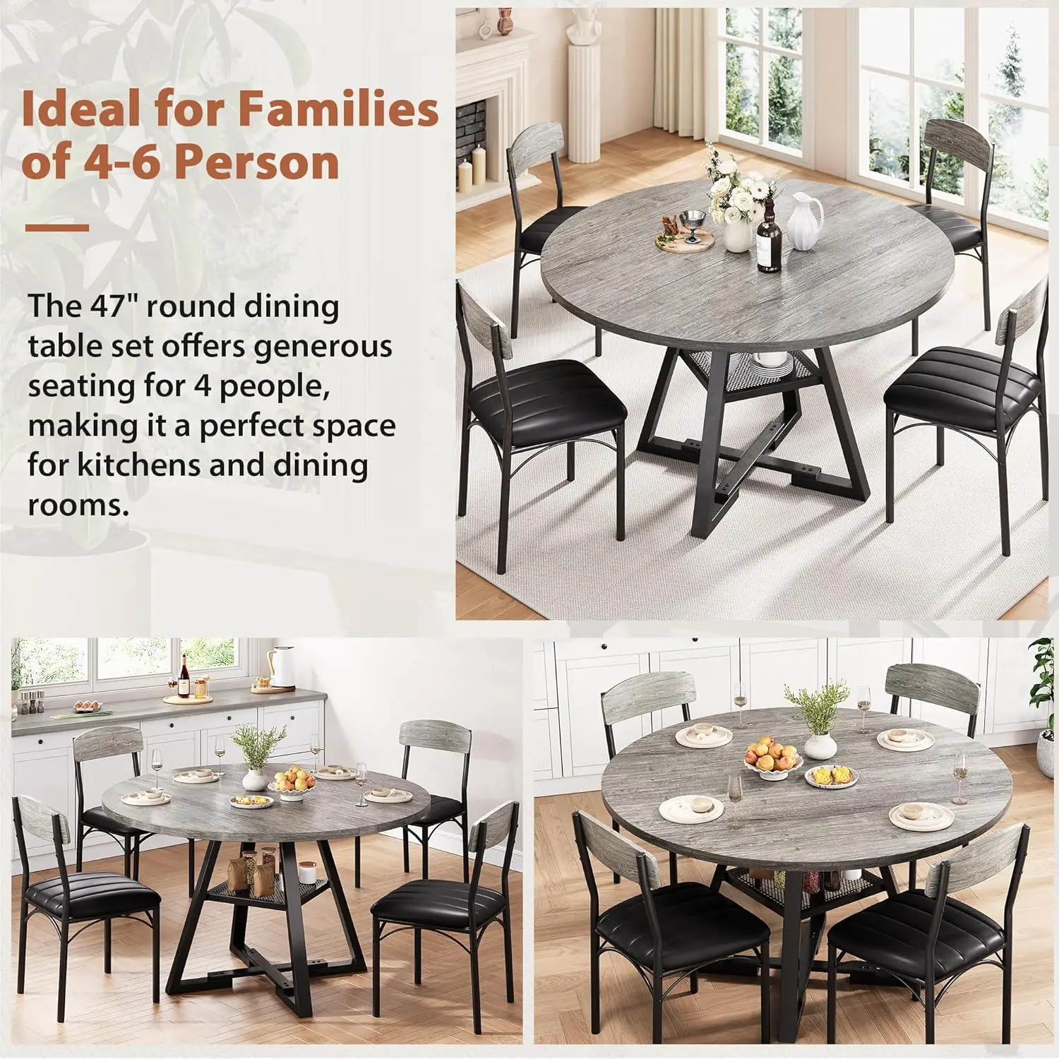 new-Kitchen Table and Chairs for 4, Circle Table Round Pedestal Dining Room Dinner Dinette Table Set,5 Piece Space Saving