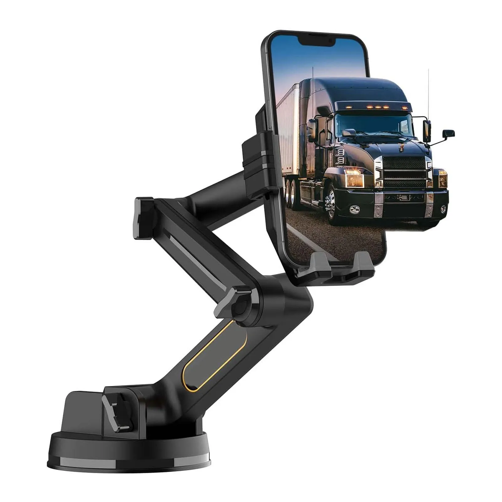 Heavy-Duty Dashboard Phone Holder with Long Stabilizing Arm and Super Suction Cup - Black