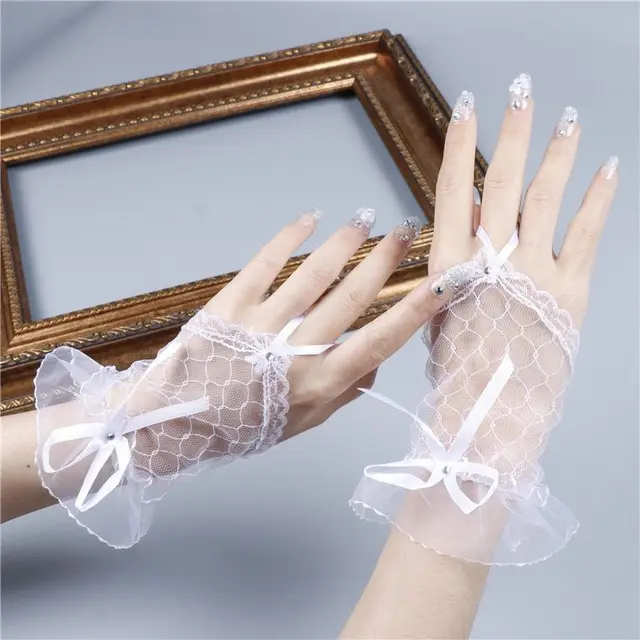 Guanti Corti In Pizzo Floreale Da Donna Guanti Da Sposa Senza Dita - Foto 6